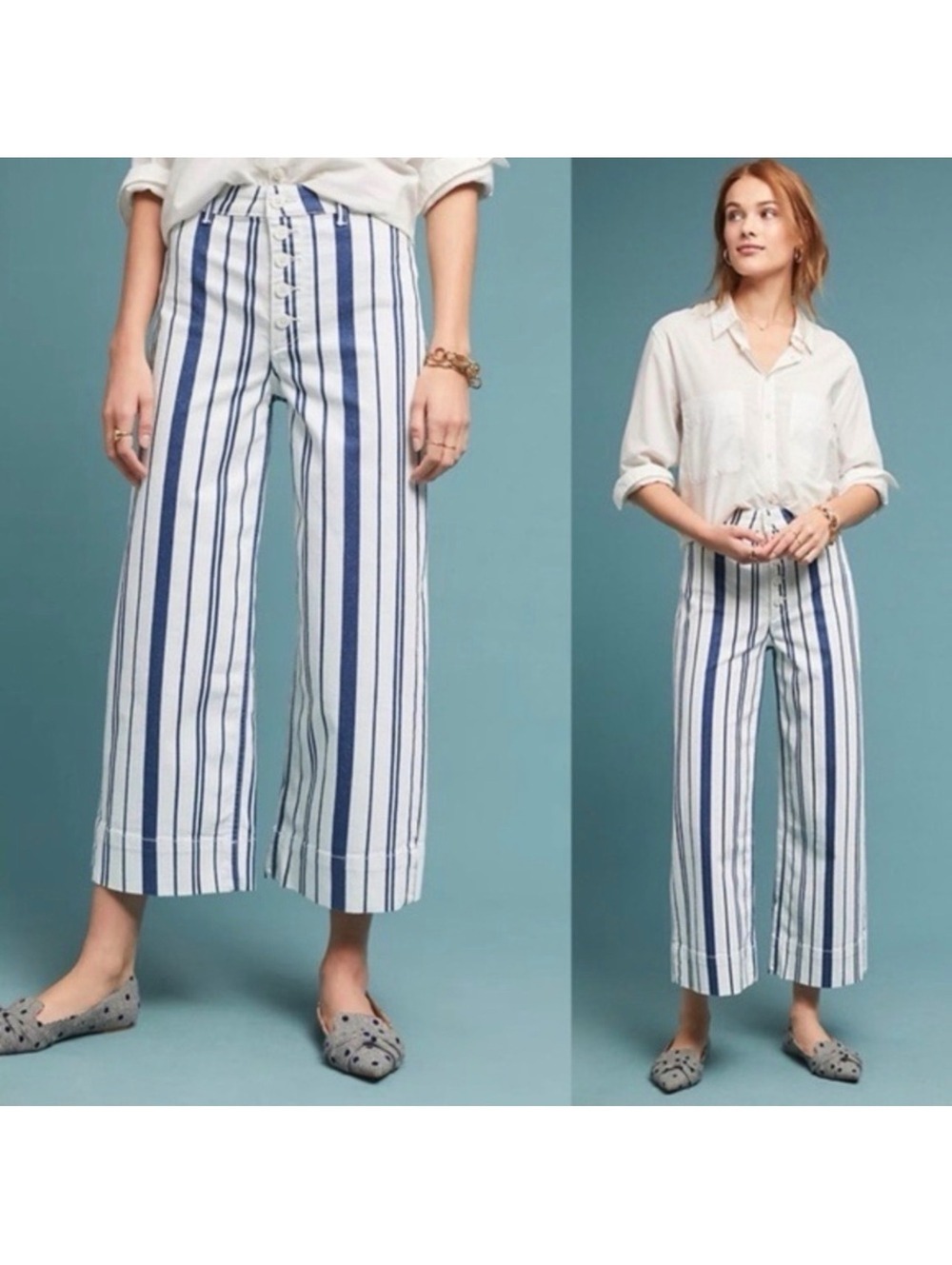 Anthropologie Blue & White Striped Button-Fly Cropped Wide-Leg Pants Size 10